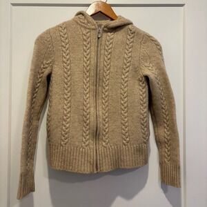 J. Crew Cable Knit Lambswool Full Zip Up Hoodie Sweater Women Medium Tan